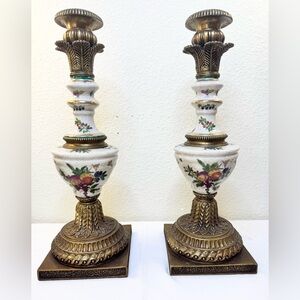 Vintage 1897 Hand Painted United Wilson Fruit Harvest Candle Holder Set